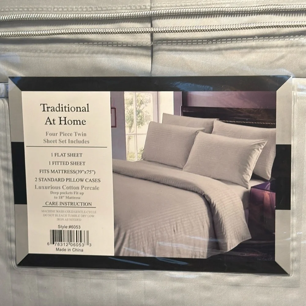 Traditional At Home 4pc Twin Sheet Set Platinum Grey Stripes embossed